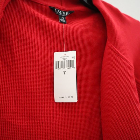 Lauren Ralph Lauren Women Sz L Red Thermal Waffle-Knit Open Front Cardigan $125 - Picture 5 of 10